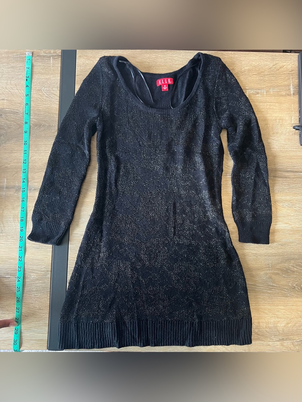 ELLE Black Metallic/Lurex Knit, Long Sleeve, Tunic Sweater with Open Weave